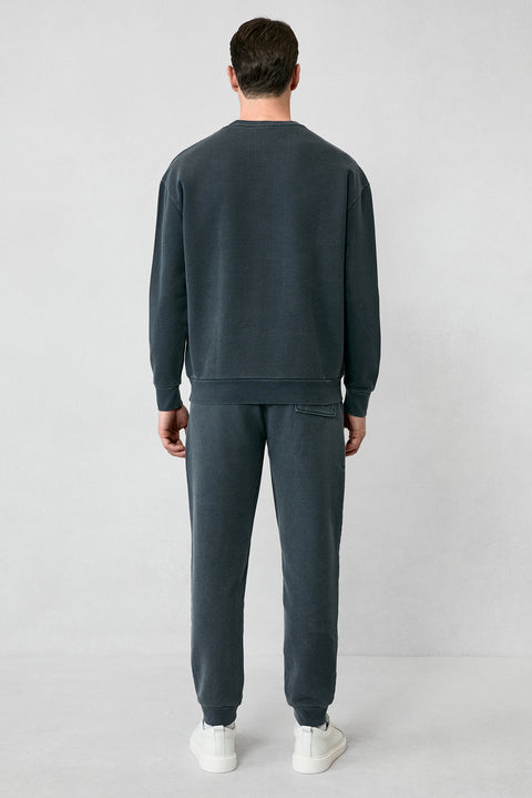 Orta Antrasit Bisiklet Yaka Oversize Ekstra Rahat Kesim Nakış Desenli Pamuk Sweatshırt