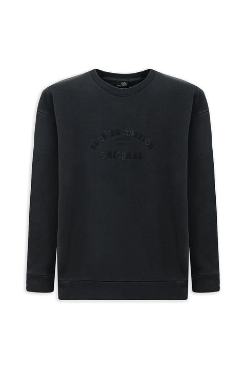 Orta Antrasit Bisiklet Yaka Oversize Ekstra Rahat Kesim Nakış Desenli Pamuk Sweatshırt