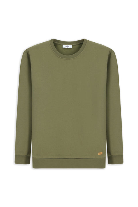 Orta Haki Bisiklet Yaka Regular Fit Pamuklu Basic Sweatshirt