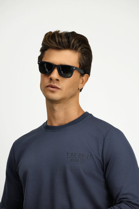 Koyu Füme Bisiklet Yaka Regular Fit Baskılı Pamuklu Sweatshirt