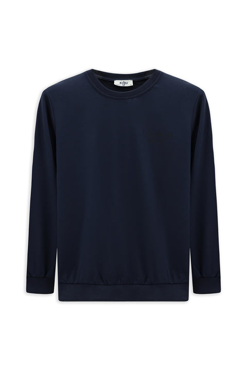 Indigo Crew Neck Regular Fit Printed Cotton Sweatshirt
