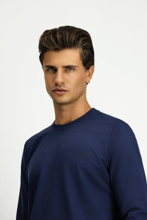 İndigo Bisiklet Yaka Regular Fit Baskılı Pamuklu Sweatshirt