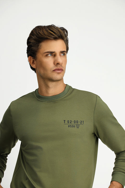 Medium Khaki Crew Neck Regular Fit Printed Cotton Sweatshirt