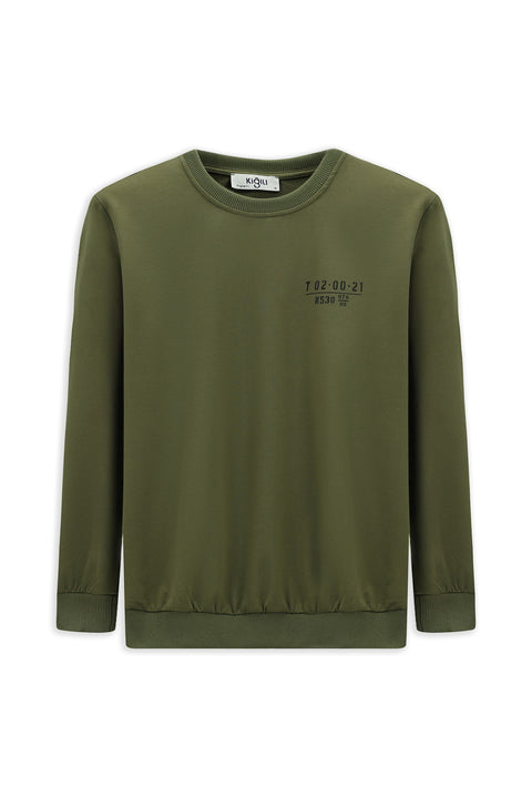 Medium Khaki Crew Neck Regular Fit Printed Cotton Sweatshirt