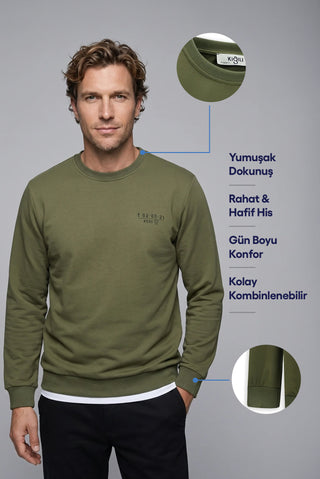  Orta Haki Bisiklet Yaka Regular Fit Baskılı Pamuklu Sweatshirt