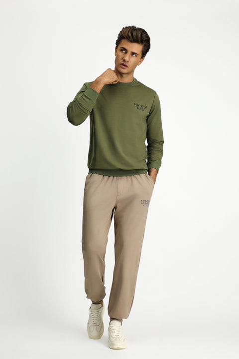 Medium Khaki Crew Neck Regular Fit Printed Cotton Sweatshirt
