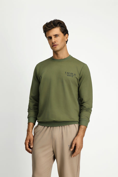 Medium Khaki Crew Neck Regular Fit Printed Cotton Sweatshirt