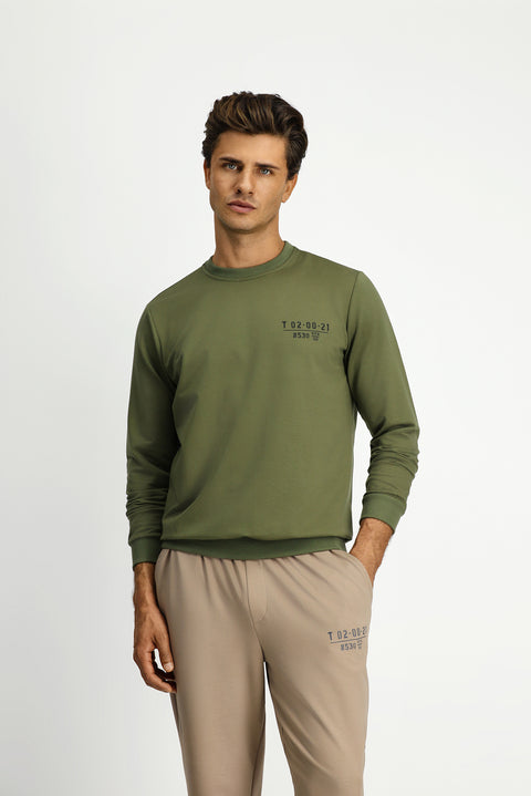 Medium Khaki Crew Neck Regular Fit Printed Cotton Sweatshirt