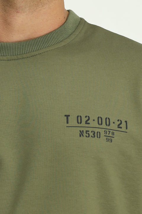 Medium Khaki Crew Neck Regular Fit Printed Cotton Sweatshirt