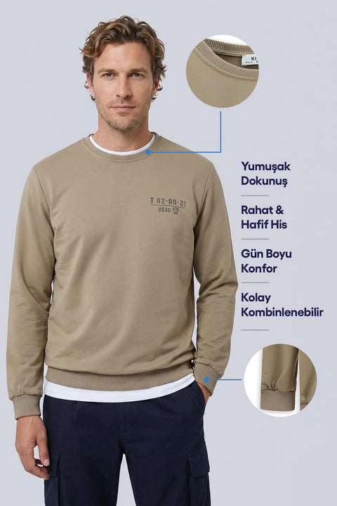 Medium Mink Crew Neck Regular Fit Printed Cotton Sweatshirt