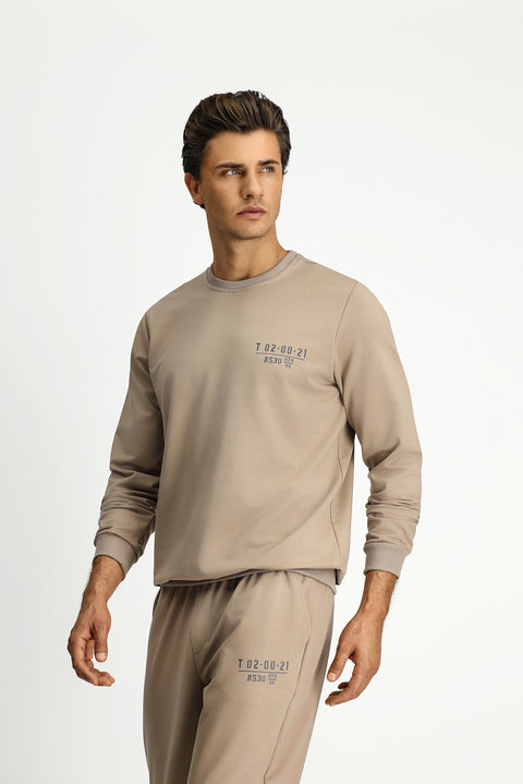 Medium Mink Crew Neck Regular Fit Printed Cotton Sweatshirt