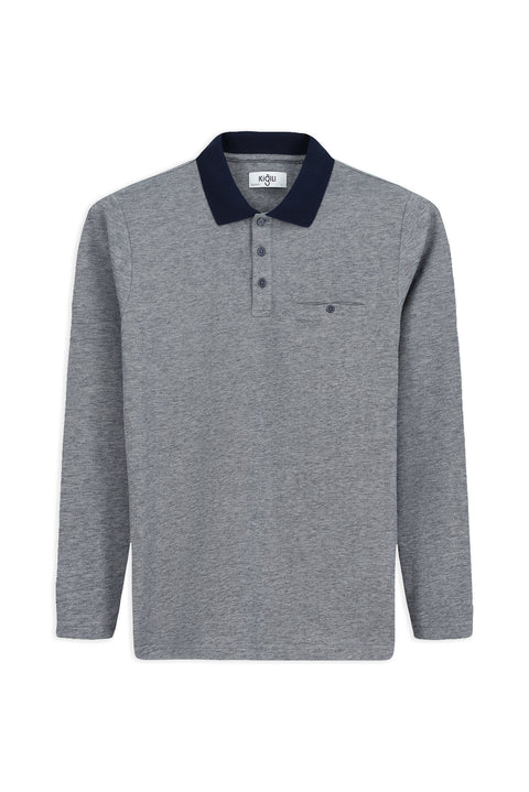 Açık Lacivert Polo Yaka Regular Fit Desenli Cepli Pamuk Sweatshirt