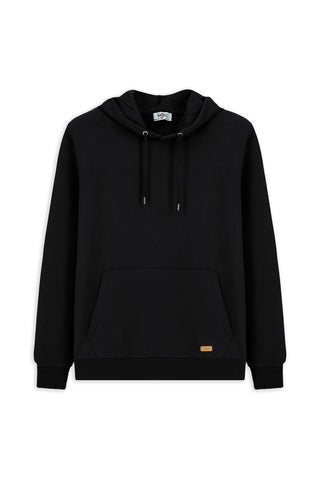  Siyah Kapüşonlu Regular Fit Desenli Cepli Pamuklu Basic Sweatshirt