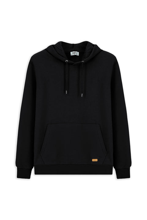 Siyah Kapüşonlu Regular Fit Desenli Cepli Pamuklu Basic Sweatshirt