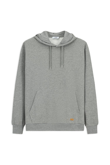  Orta Gri Melanj Kapüşonlu Regular Fit Desenli Cepli Pamuklu Basic Sweatshirt