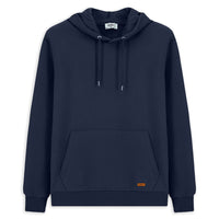 Koyu Lacivert Kapüşonlu Regular Fit Desenli Cepli Pamuklu Basic Sweatshirt