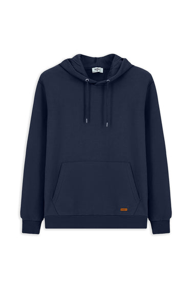  Koyu Lacivert Kapüşonlu Regular Fit Desenli Cepli Pamuklu Basic Sweatshirt