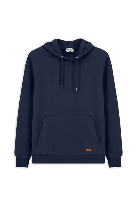 Koyu Lacivert Kapüşonlu Regular Fit Desenli Cepli Pamuklu Basic Sweatshirt
