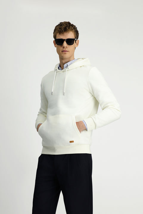 Ekru Kapüşonlu Regular Fit Desenli Cepli Pamuklu Basic Sweatshirt