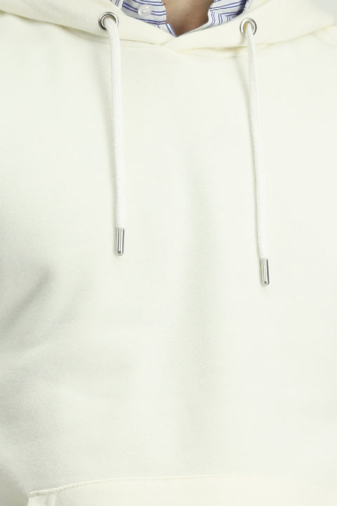 Ekru Kapüşonlu Regular Fit Desenli Cepli Pamuklu Basic Sweatshirt