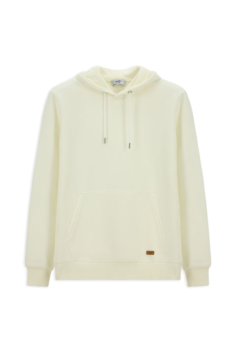 Ekru Kapüşonlu Regular Fit Desenli Cepli Pamuklu Basic Sweatshirt