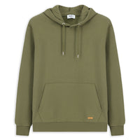 Orta Haki Kapüşonlu Regular Fit Desenli Cepli Pamuklu Basic Sweatshirt