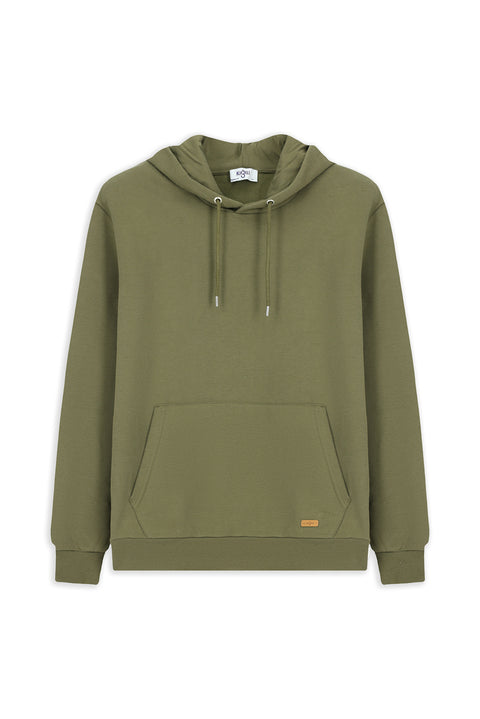 Orta Haki Kapüşonlu Regular Fit Desenli Cepli Pamuklu Basic Sweatshirt