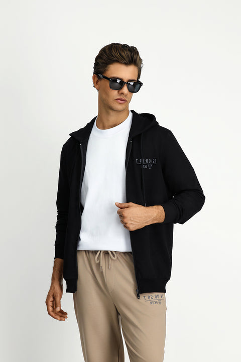 Siyah Kapüşonlu Regular Fit Fermuarlı Baskılı Pamuklu Sweatshirt
