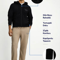 Siyah Kapüşonlu Regular Fit Fermuarlı Baskılı Pamuklu Sweatshirt
