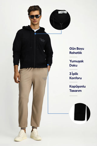  Siyah Kapüşonlu Regular Fit Fermuarlı Baskılı Pamuklu Sweatshirt