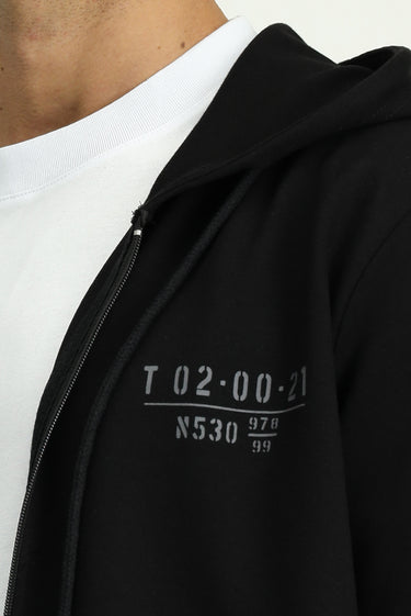 Siyah Kapüşonlu Regular Fit Fermuarlı Baskılı Pamuklu Sweatshirt