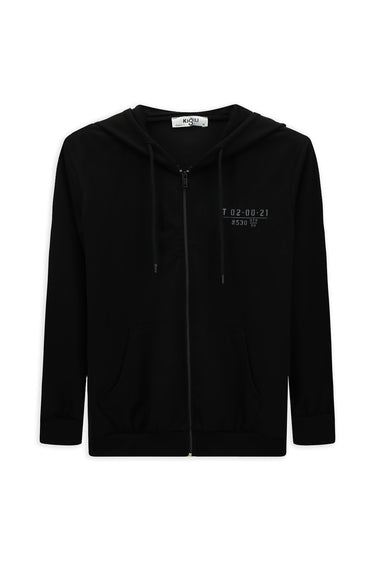  Siyah Kapüşonlu Regular Fit Fermuarlı Baskılı Pamuklu Sweatshirt