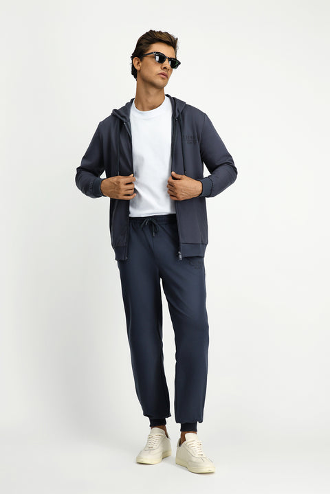 Koyu Füme Kapüşonlu Regular Fit Fermuarlı Baskılı Pamuklu Sweatshirt