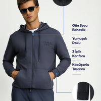 Dark Gray Hooded Regular Fit Zip-Up Printed Cotton Sweatshirt
