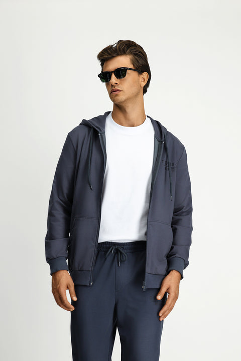 Dark Gray Hooded Regular Fit Zip-Up Printed Cotton Sweatshirt
