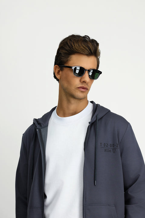 Dark Gray Hooded Regular Fit Zip-Up Printed Cotton Sweatshirt