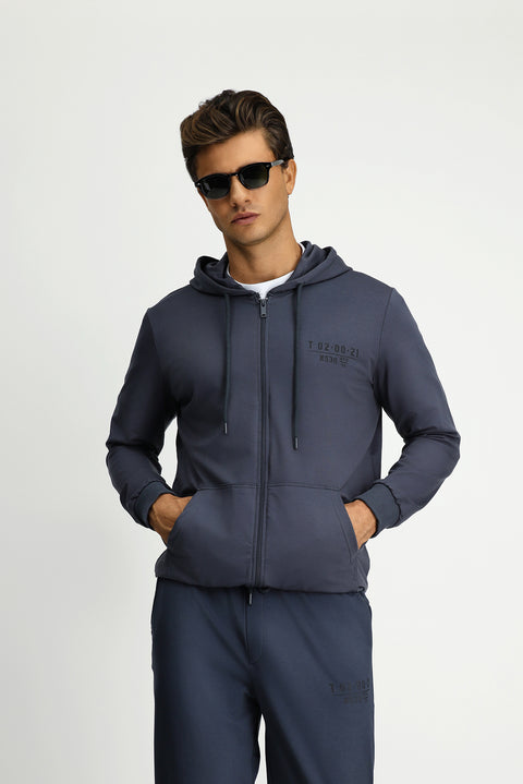 Koyu Füme Kapüşonlu Regular Fit Fermuarlı Baskılı Pamuklu Sweatshirt