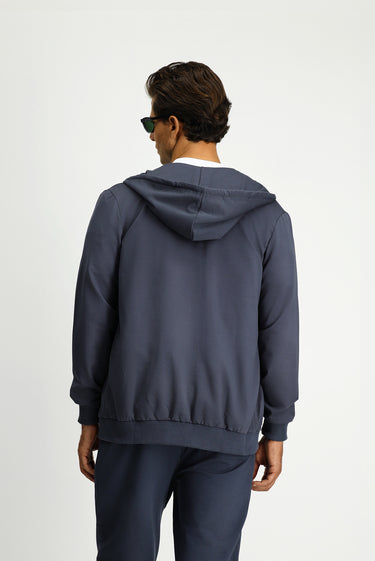 Koyu Füme Kapüşonlu Regular Fit Fermuarlı Baskılı Pamuklu Sweatshirt