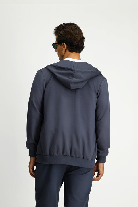 Koyu Füme Kapüşonlu Regular Fit Fermuarlı Baskılı Pamuklu Sweatshirt