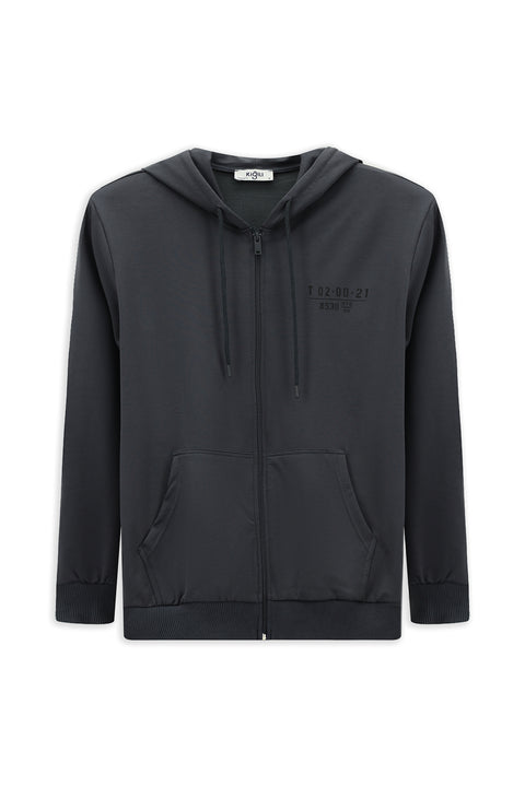 Koyu Füme Kapüşonlu Regular Fit Fermuarlı Baskılı Pamuklu Sweatshirt