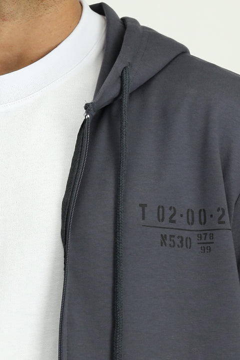 Dark Gray Hooded Regular Fit Zip-Up Printed Cotton Sweatshirt
