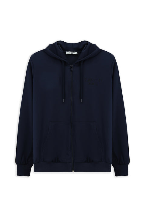 İndigo Kapüşonlu Regular Fit Fermuarlı Baskılı Pamuklu Sweatshirt