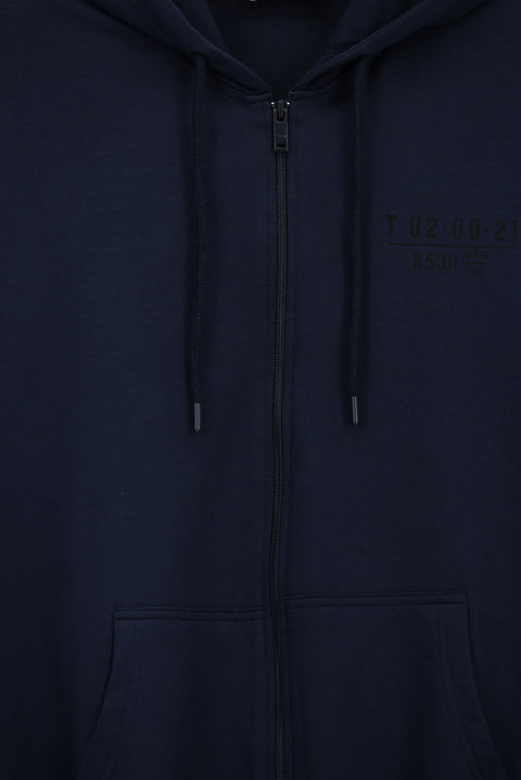 İndigo Kapüşonlu Regular Fit Fermuarlı Baskılı Pamuklu Sweatshirt