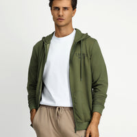 Orta Haki Kapüşonlu Regular Fit Fermuarlı Baskılı Pamuklu Sweatshirt