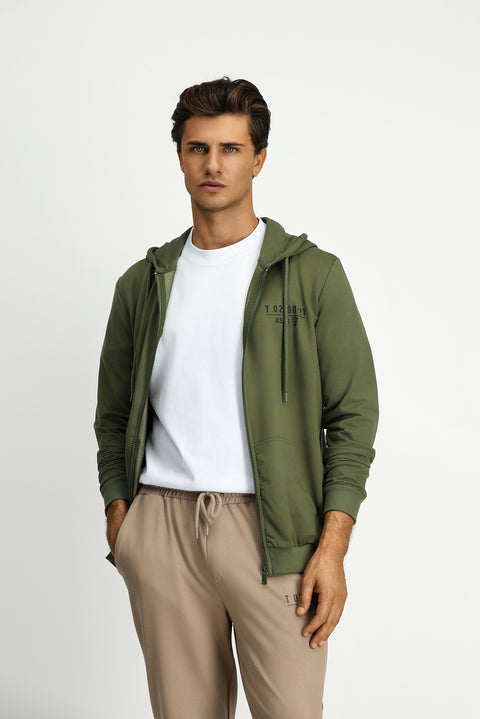 Orta Haki Kapüşonlu Regular Fit Fermuarlı Baskılı Pamuklu Sweatshirt