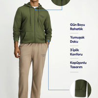 Orta Haki Kapüşonlu Regular Fit Fermuarlı Baskılı Pamuklu Sweatshirt
