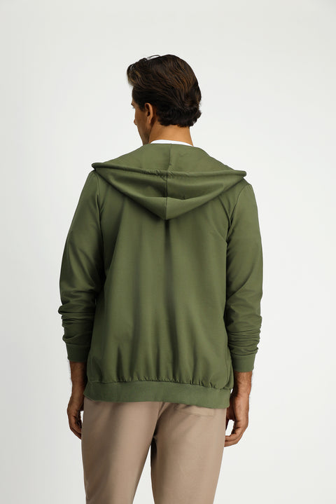 Orta Haki Kapüşonlu Regular Fit Fermuarlı Baskılı Pamuklu Sweatshirt