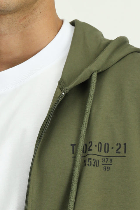 Orta Haki Kapüşonlu Regular Fit Fermuarlı Baskılı Pamuklu Sweatshirt