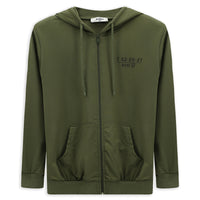 Orta Haki Kapüşonlu Regular Fit Fermuarlı Baskılı Pamuklu Sweatshirt