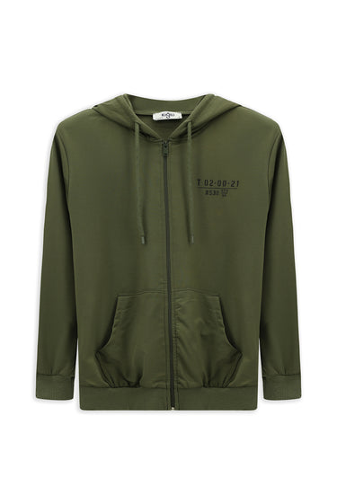  Orta Haki Kapüşonlu Regular Fit Fermuarlı Baskılı Pamuklu Sweatshirt